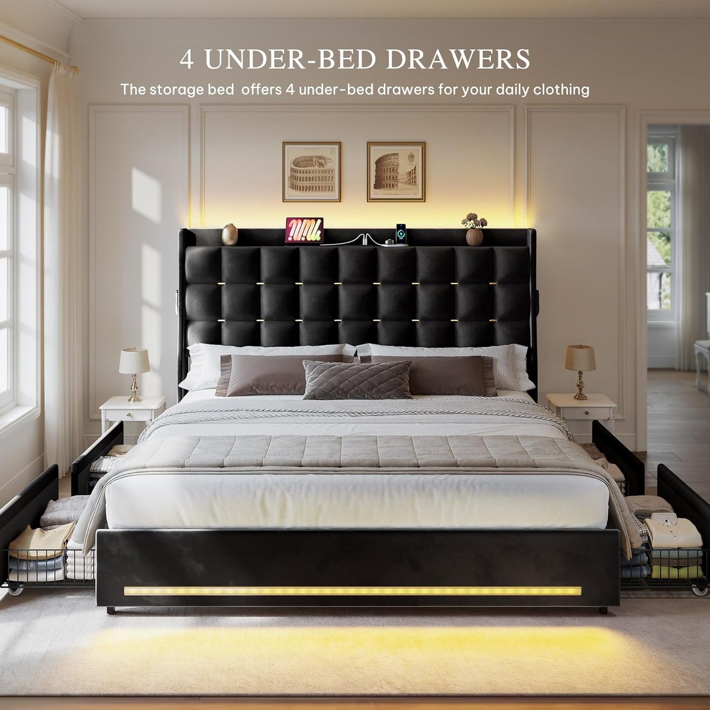 Queen Size Bed Frame with 4 Drawers and RGB LED Lights, Velvet Upholstered Platform Bed with Charging Station and Storage Headboard, No Box Spring Needed, Easy Assembly, Noise-Free, Black