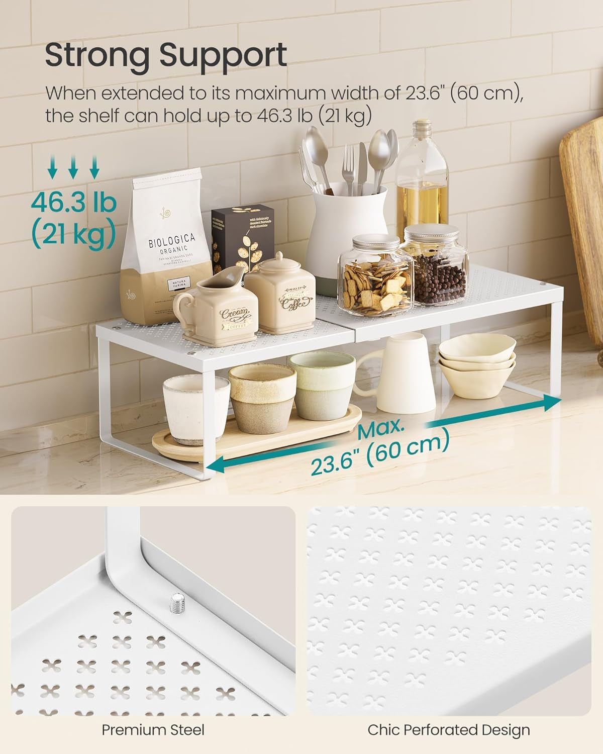 Spice Racks, Set of 2 Expandable Kitchen Countertop Shelves, Small Cupboard Organizers, Metal, Space-Saving Tabletop Shelves, Matte White UKCS402W01