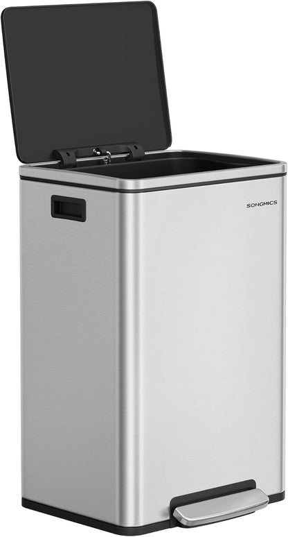 Trash Can, 13-Gallon Gabbage Can, with 15 Trash Bags, Stainless Steel, with Soft-Close Lid, Removable Inner Bucket, Handles, Silver ULTB595E01