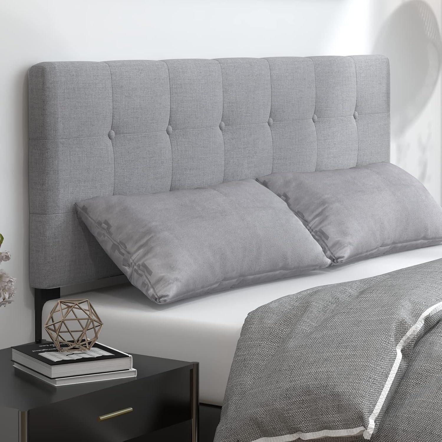 Linen Upholstered Headboard, Adjustable Width Button Tufted Headboard Only with Solid Wood Legs, Attach Frame, Rectangular Headboard for Queen Full Size Bed, Gray