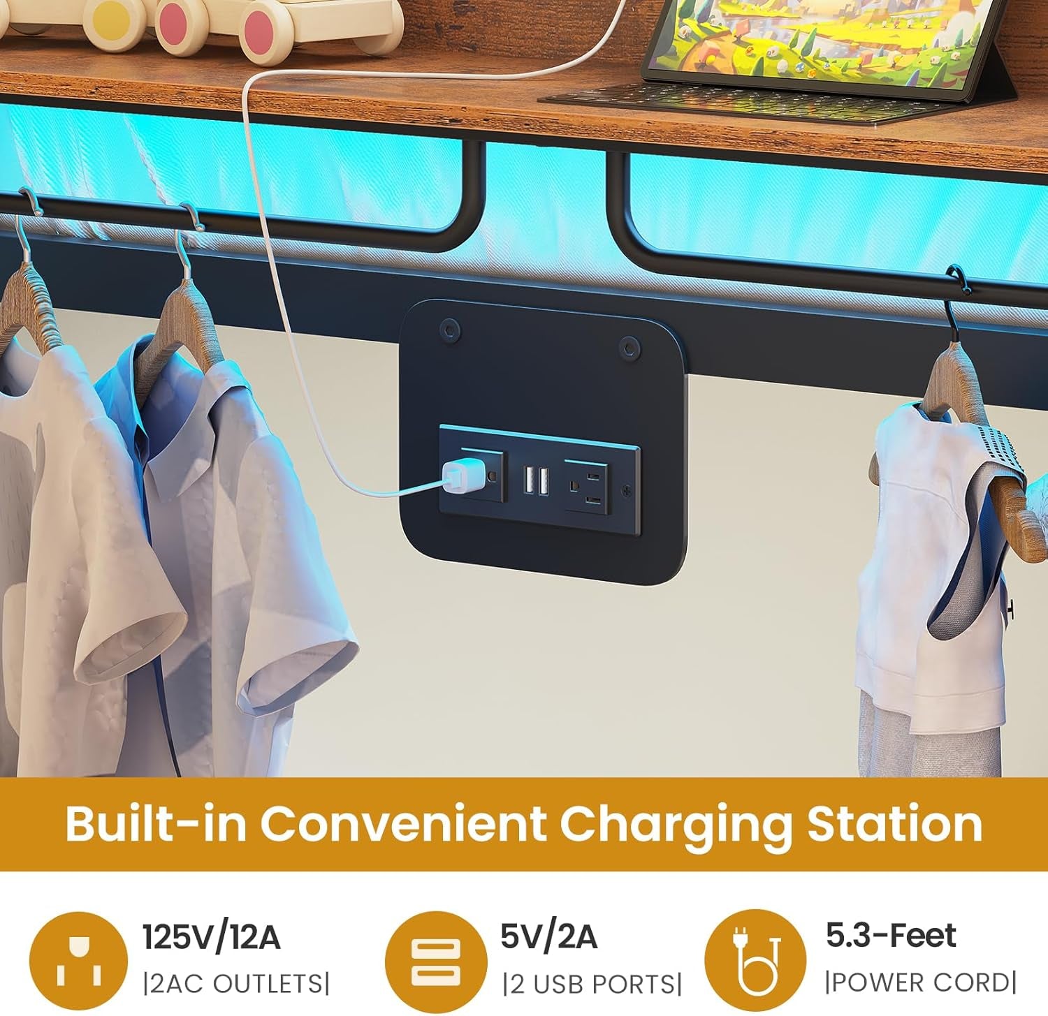 Metal Bunk Bed Twin over Twin with Hall Tree, Power Outlet, LED Bunk Bed with 4 Storage Drawers, Bed with Safety Guardrail & Ladders, No Box Spring Needed, Easy Assembly, Rustic Brown