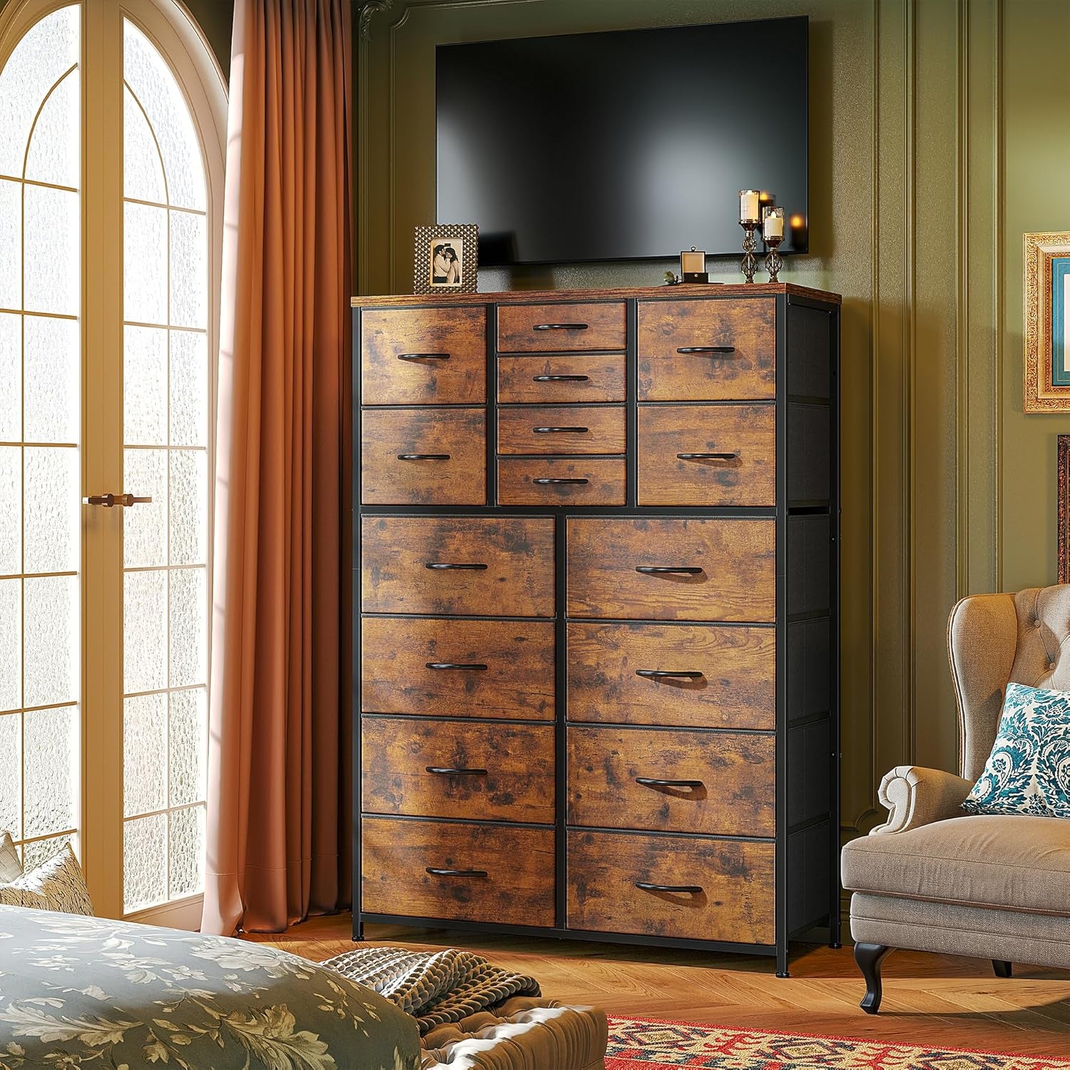 57“H Dresser for Bedroom with 16 Drawers,Fabric Dressers & Chests of Drawers for Bedroom,Large Dresser, Sturdy Metal Frame & Wood Top,Entryway, Hallway(Rustic Brown)