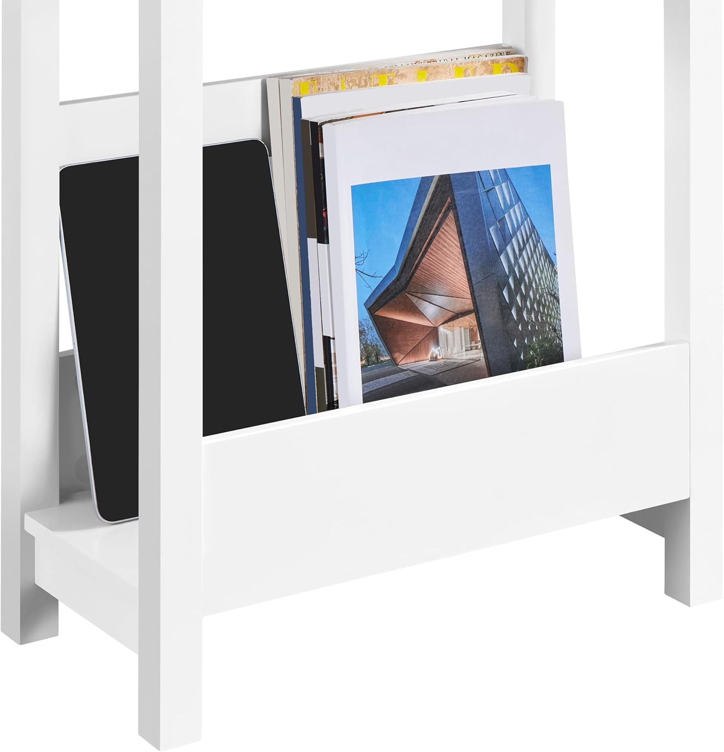 Small Side Table with Storage Shelf, 3-Tier Slim X Shaped End Table with Magazine Rack, Living Room Home Office Balcony Small Spaces, Effortless Assembly, White