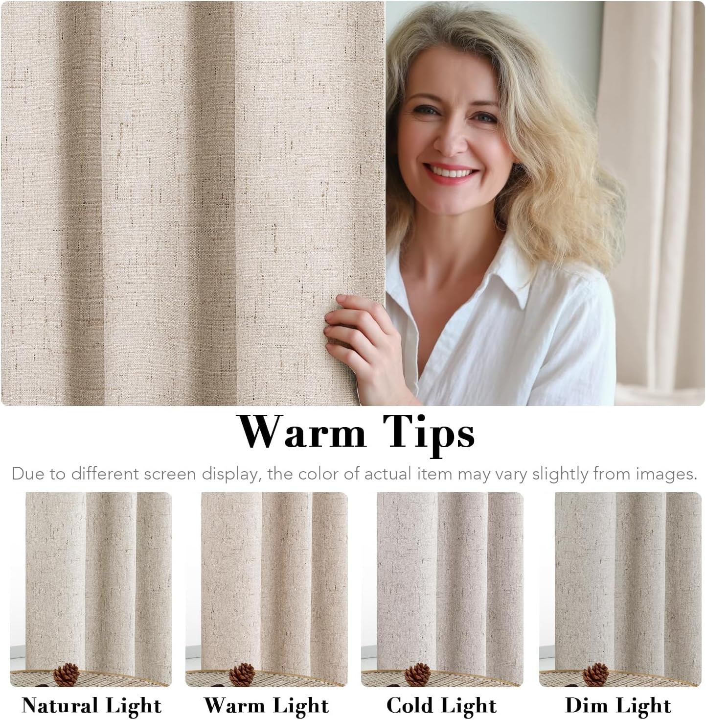 Linen 100% Blackout Curtains for Bedroom Full Light Blocking Curtains, Textured Window Curtain for Living Room 84 Inch Grommet, Energy Efficient Curtains White Liner(2 Panels, Natural)