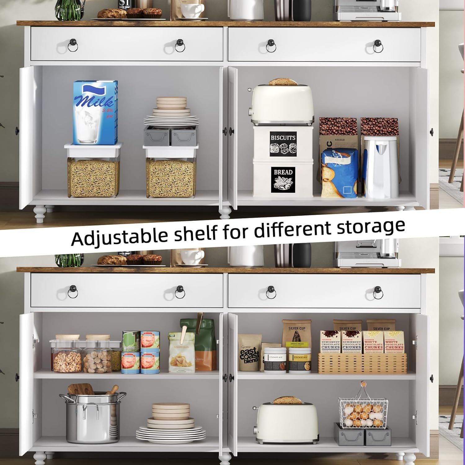 Buffet Cabinet with Storage, 55" Sideboard Buffet Cabinet with 2 Drawers and 4 Doors, Modern Farmhouse Coffee Bar Cabinets, Wood Buffet Table for Kitchen, Dining Room, White
