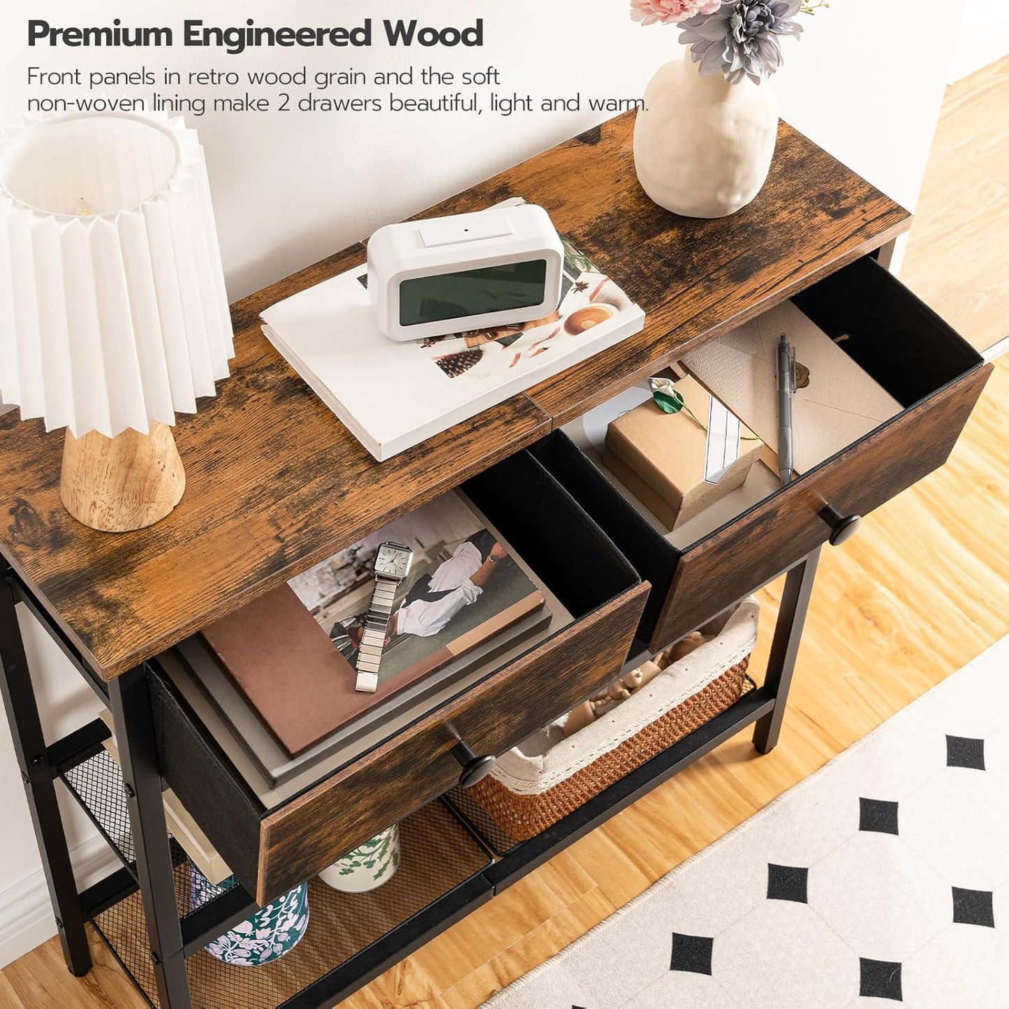 29.5" Narrow Console Table with 2 Fabric Drawers, Sofa Table, Small Entryway Table with 3-Tier Storage Shelves, behind Couch Table, for Living Room, Hallway, Rustic Brown and Black BF72XG01