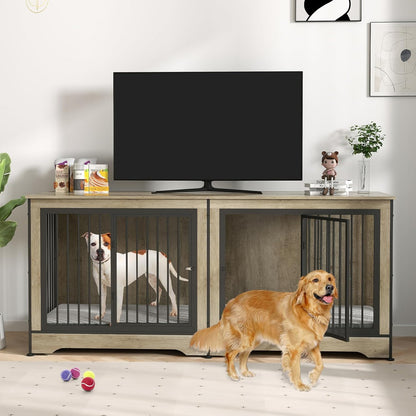 75 Inch Dog Crate Furniture for 2 Dogs, Wooden Dog Cage Furniture, Decorative Dog Kennels with Double Doors, Double Dog Kennel Furniture, Dog Crate TV Stand for Large Dogs, Grey