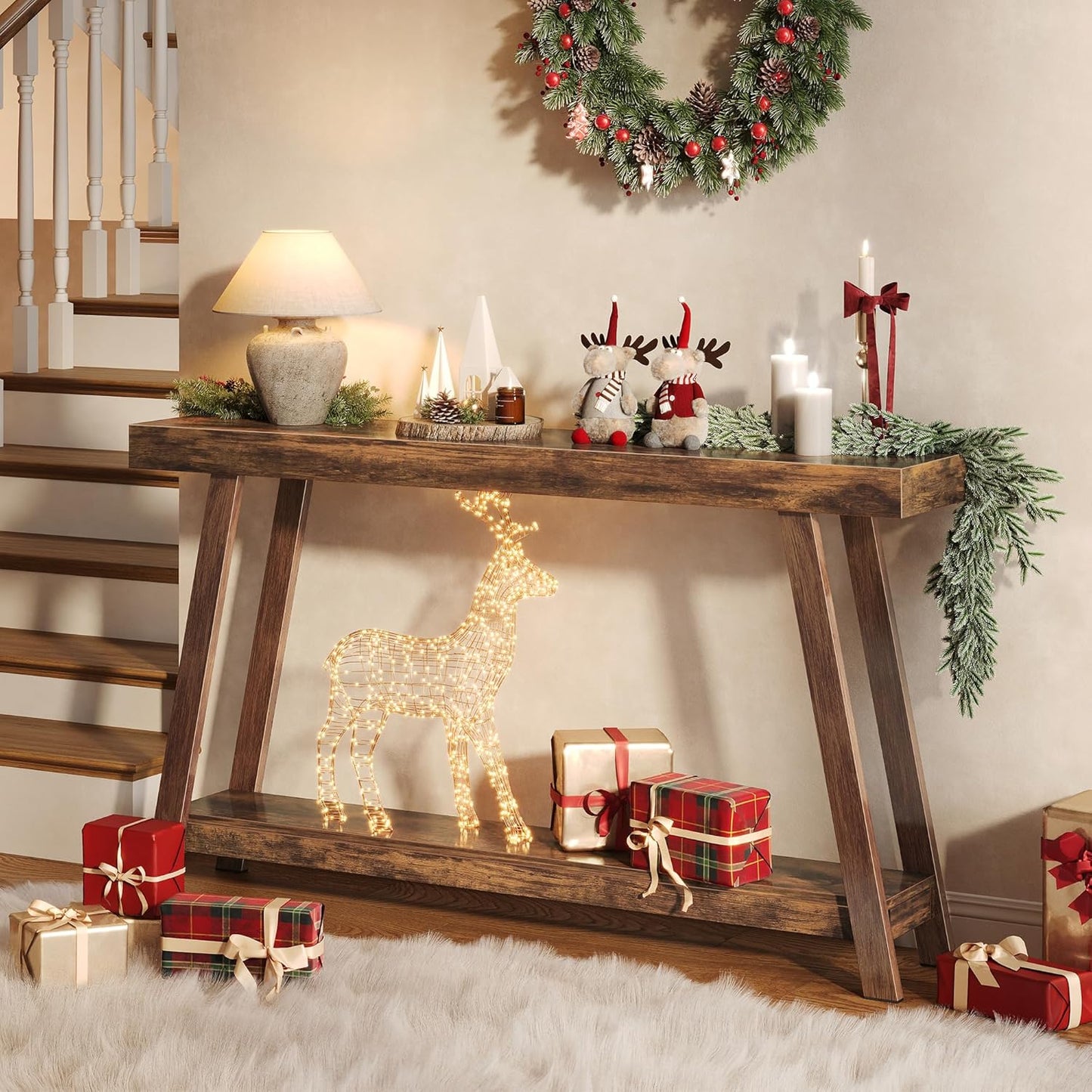 Console Table with Charging Station, USB-C Port, 2 Tiers Entryway Table, 53.9 Inch Sofa Table with Metal Legs, Entry Hallway Table with Thicker Desktop, Modern behind Couch Table, Rustic Brown