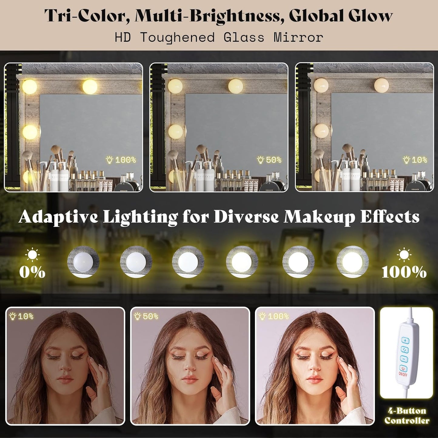 55" W Makeup Vanity with Hollywood Mirror, Glass Top Vanity with 5 Drawers & Charging Station, 10 Detachable Light Bulbs, Adjustable Brightness, Light Oak