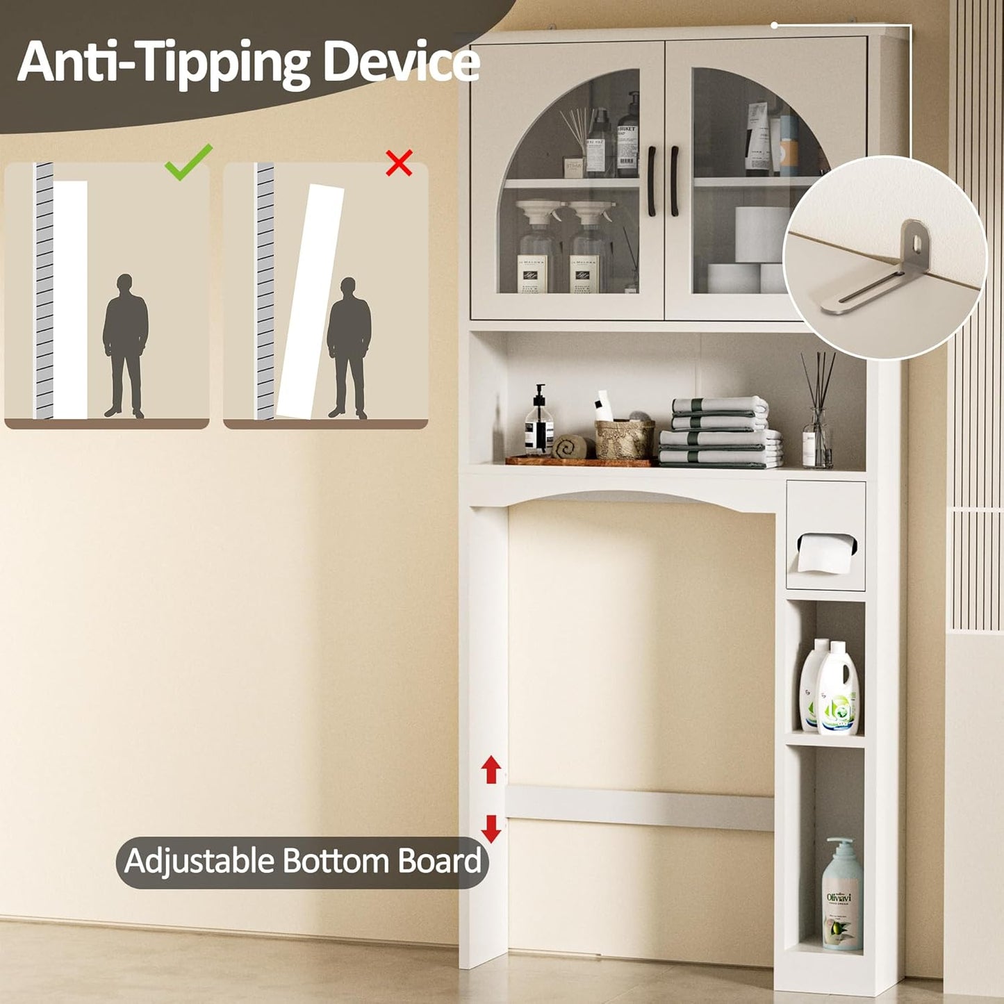 over the Toilet Storage Cabinet, over Toilet Bathroom Organizers with Adjustable Shelf and Glass Doors, Bathroom Space Saver above Washer with Anti-Tip Device, White