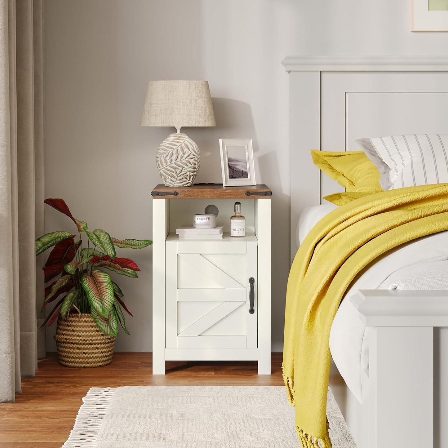 Farmhouse Nightstands with Charging Station, End Tables Set of 2 with Barn Door, Sofa Side Table with Storage Space for Bedroom, Living Room (White)