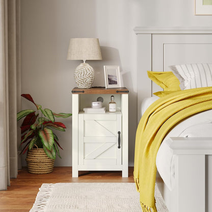 Farmhouse Nightstands with Charging Station, End Tables Set of 2 with Barn Door, Sofa Side Table with Storage Space for Bedroom, Living Room (White)