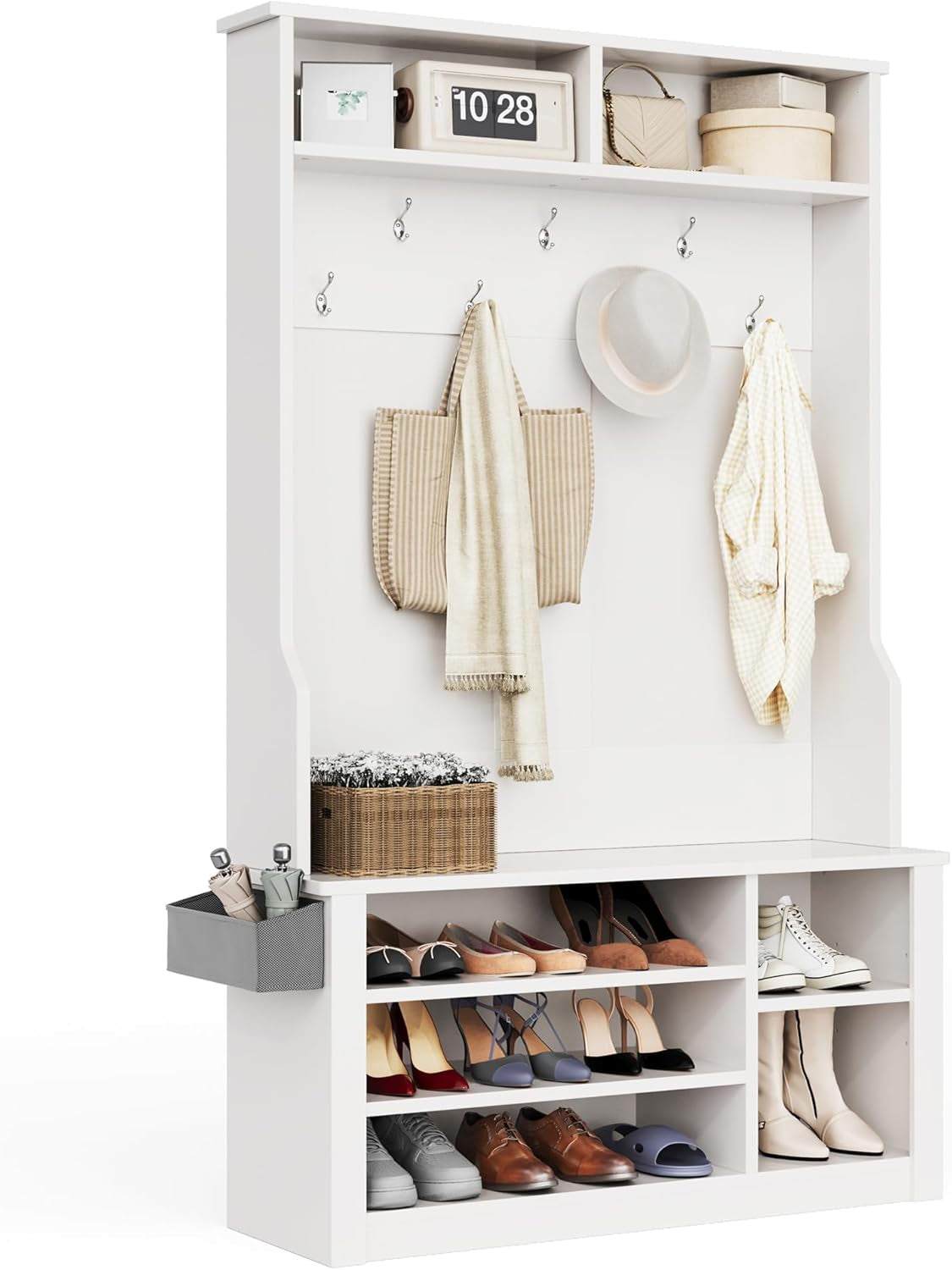 Hall Tree with Bench and Shoe Storage, 3-In-1 Entryway Hall Tree, with Adjustable Shoe Storage, for Entryway, Hallway, White