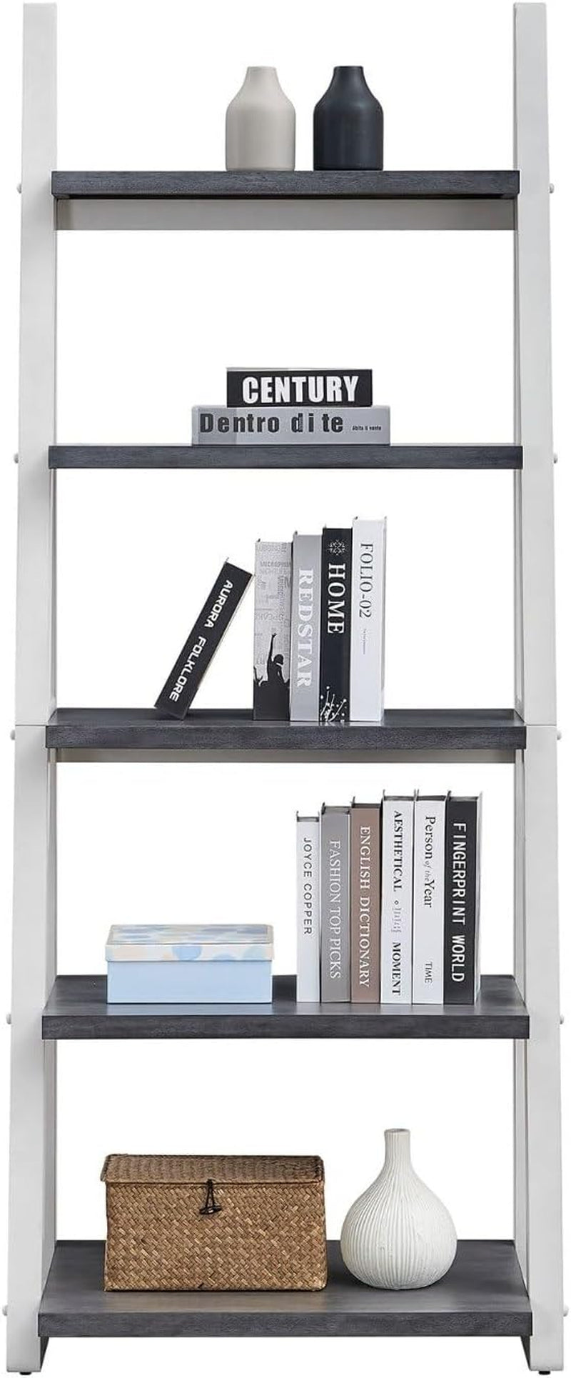 5-Tier Ladder Shelf, 72.01'' Tall Freestanding Bookshelf, Rustic Wood Storage Display Rack, Space-Saving Leaning Ladder Design for Living Room, Home Office, Grey