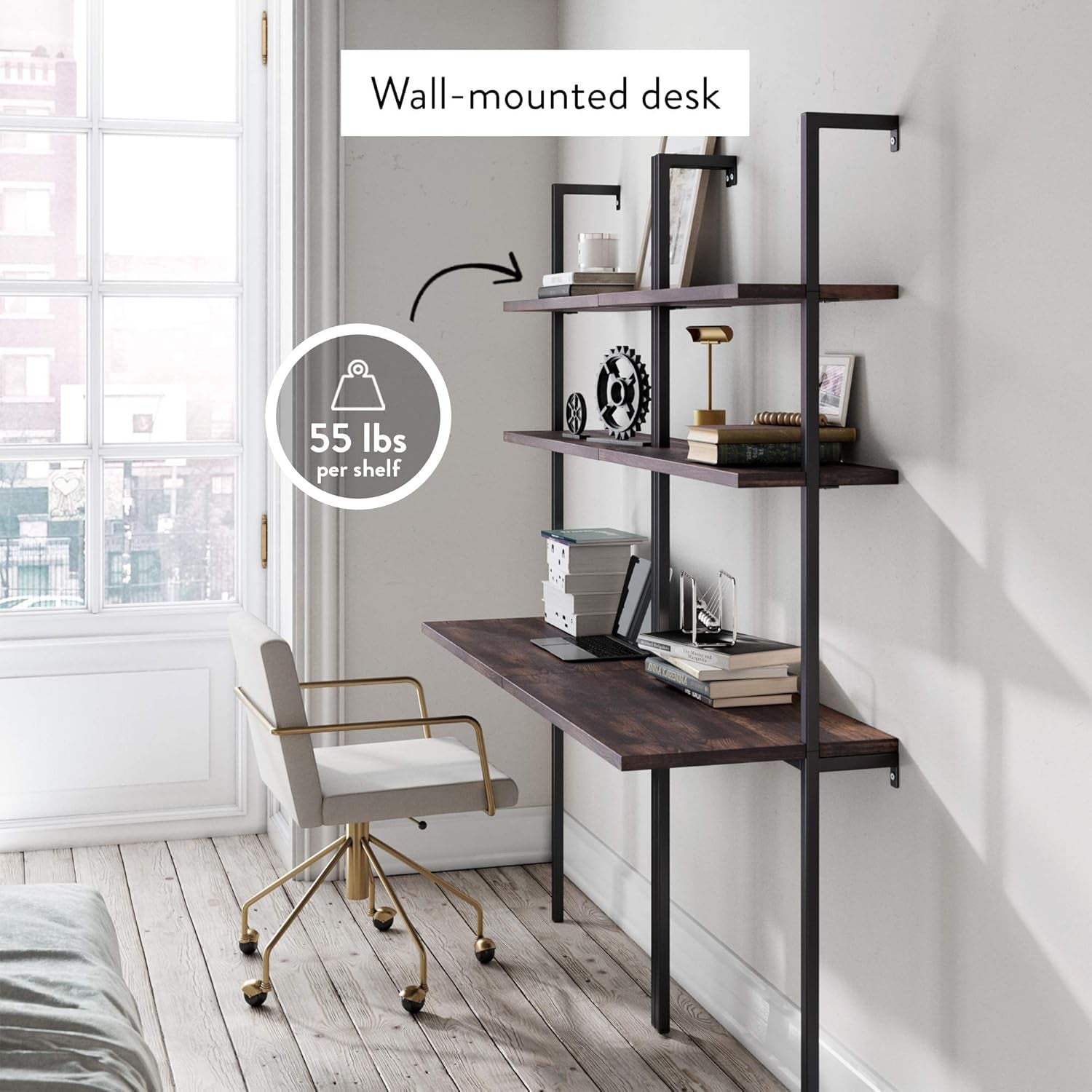 Theo 2-Shelf Industrial Wall Mount Ladder Table, Small Computer or Writing Desk, Nutmeg/Matte Black