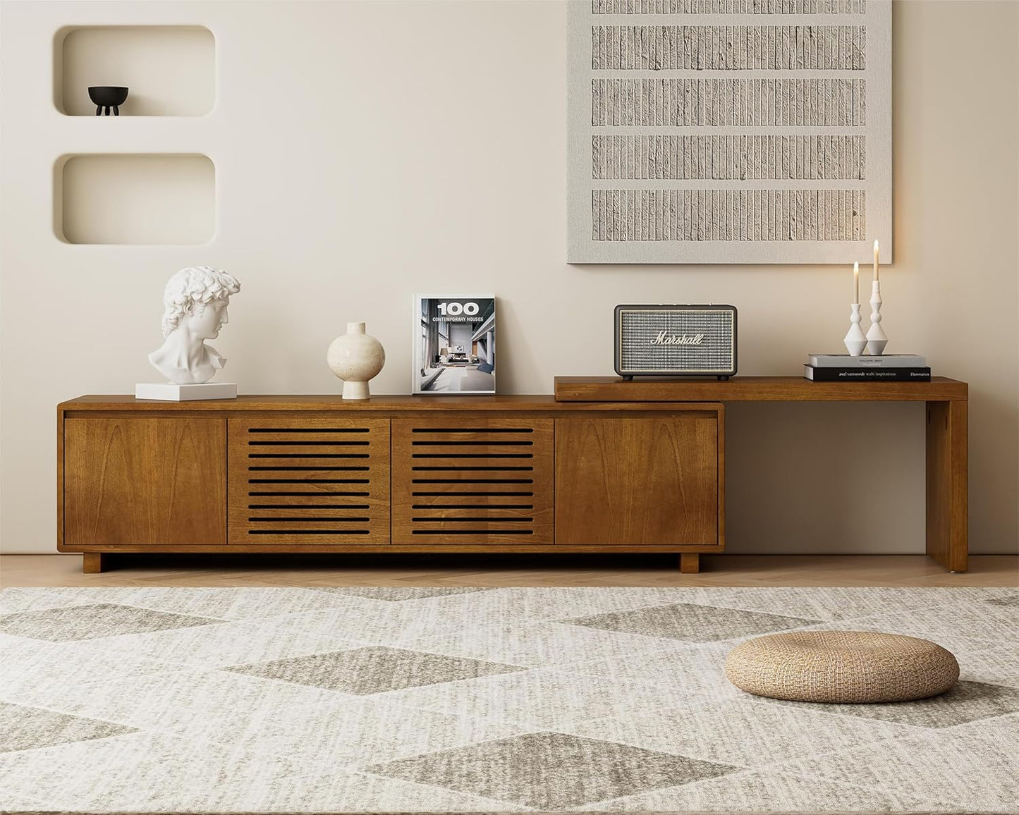 Mid Century Modern TV Stand,Extendable Entertainment Center for 65/70/75/80 Inch Tv,Media Console for Living Room&Bedroom, Walnut