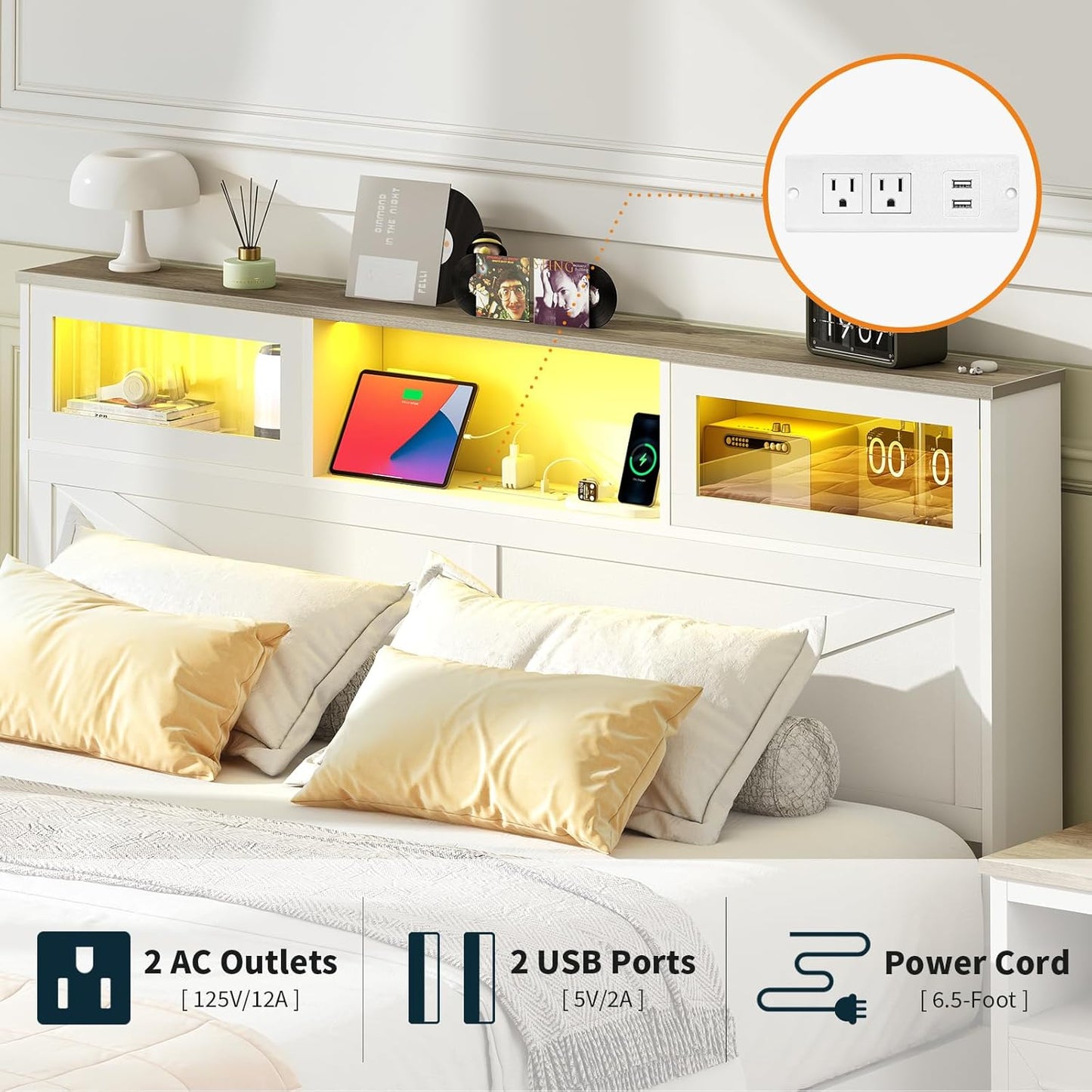 Queen Bed Frame with Headboard, Bed Frame Queen Size with Charging Station, LED Beds with 2 Storage Drawers, Wood Farmhouse Bedframe Queen-Size, Noise-Free and No Box Spring Needed