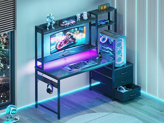 48 Inch Gaming Desk with Hutch & 3 Fabric Drawers, Computer Desk with USB Ports & LED Lights, Reversible Pc Gamer Table with Monitor Stand for Home Office, Carbon Fiber Black