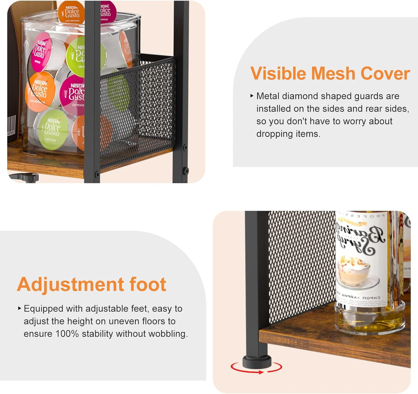 Mini Floor Standing Coffee Bar Shelf,3-Tier Small Coffee Table,Corner Farmhouse Coffee Bar Cabinet;Dining Room, Living Room-Capsules,Coffee Maker(Brown+Black)