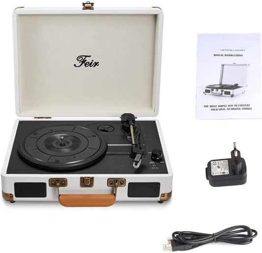 Vinyl Record Player Bluetooth with Speakers 3 Speed Portable Turntable Suitcase Built in 2 Speakers RCA Line Out AUX Headphone Jack PC Recorder-White