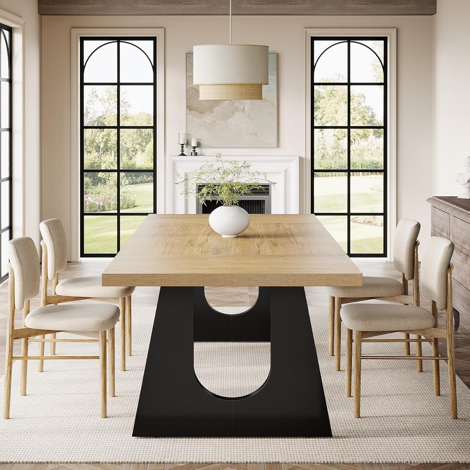 Large Dining Table for 6-8 People, 70.9-Inch Wood Rustic Rectangular Table with Black Wooden Legs, Farmhouse Center Kitchen Table for Dining Room, Living Room, Home Furniture, Oak and Black