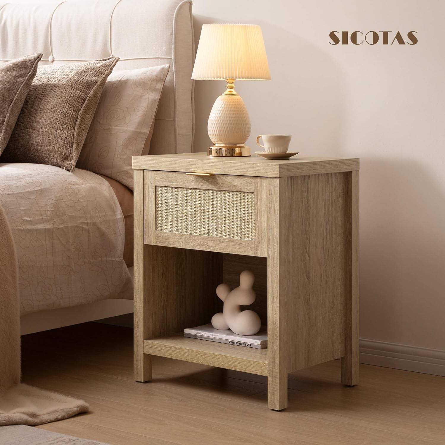 Rattan Nightstands Set of 2, Farmhouse Night Stand Bedside Table with Drawer and Storage Shelf - Boho End Side Table for Bedroom, Light Oak