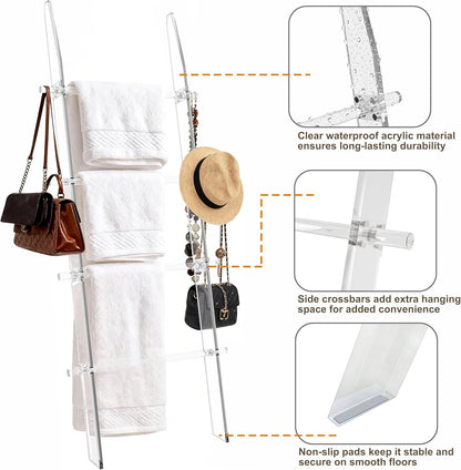 Blanket Ladder 5.6FT for Bathroom, 4 Tier Modern Decor Waterproof Blanket Holder for Living Room and Bedroom, Easy Assembly Clear Acrylic Ladder Shelf, Leaning Quilt Rack with anti Slip Pads