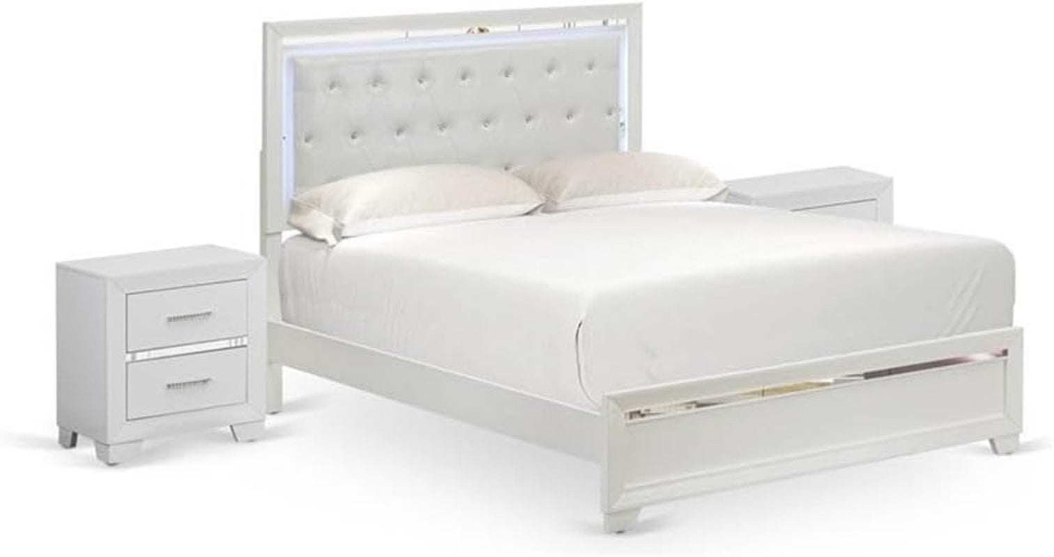 PA05-Q2N000 Pandora 3-Piece Bedroom Set with an Adjustable LED Lighting Headboard Queen Size Bed 2 Modern Nightstands - White Finish