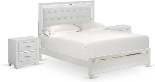 PA05-Q2N000 Pandora 3-Piece Bedroom Set with an Adjustable LED Lighting Headboard Queen Size Bed 2 Modern Nightstands - White Finish