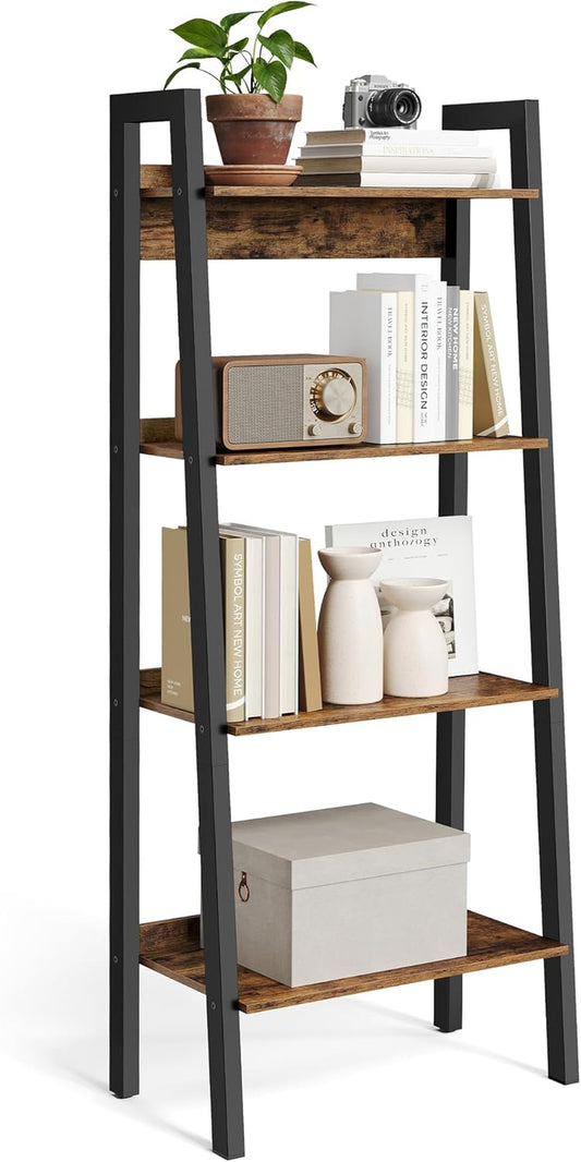 Bookshelf, 4-Tier Narrow Book Shelf, 12.7 X 22 X 54.1 Inches, Ladder Shelf for Home Office, Living Room, Bedroom, Kitchen, Rustic Brown and Ink Black ULLS054X01