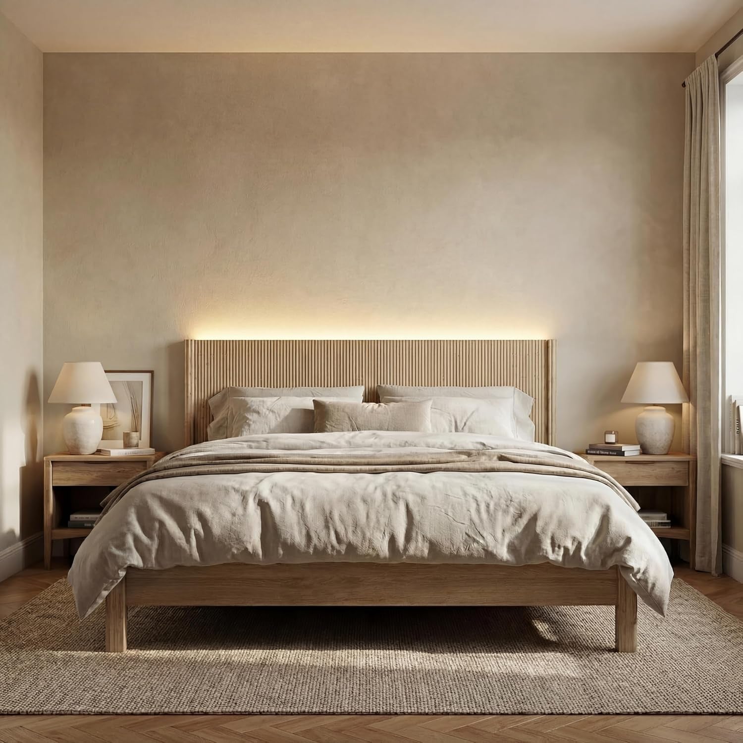 King Size Headboard Only, Modern Fluted Wall-Mounted Head Board with Lighting, Boho Wood Bed Headboard Stylish Bedroom Decor, Natural