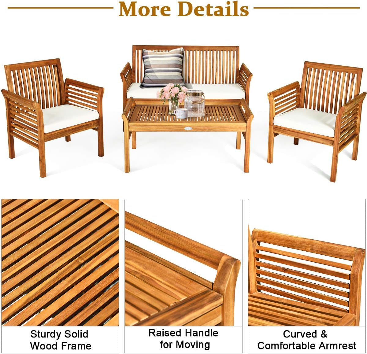 4 Piece Outdoor Acacia Wood Sofa Set with Water Resistant Cushions, Padded Patio Conversation Table Chair Set W/Coffee Table for Garden, Backyard, Poolside (1)