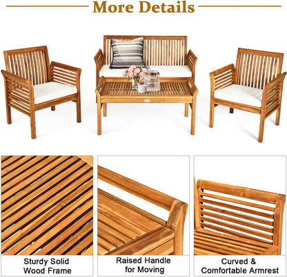 4 Piece Outdoor Acacia Wood Sofa Set with Water Resistant Cushions, Padded Patio Conversation Table Chair Set W/Coffee Table for Garden, Backyard, Poolside (1)