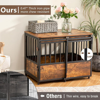 40 Inch Dog Crate Furniture with Cushion for Large Medium Dogs, Wooden Heavy Duty Dog Kennel with Double Doors, Decorative Pet House Dog Cage Side End Table Indoor, Sliding Door Chew-Resistant