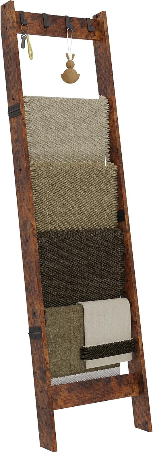 6 Tier Blanket Ladder Shelf for Living Room and Bedroom, Ladder Holder with 4 Metal Hooks, 5.2Ft Blanket Quilt Holder Rack, Farmhouse Ladder Rack for Storage and Home Decor, Rustic Brown