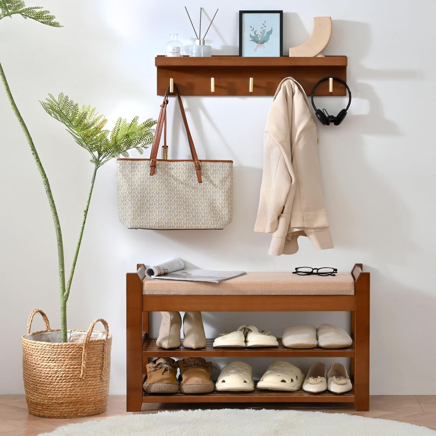 Shoe Rack for Front Door Entrance, 28” Entryway Bench with Coat Rack, Hall Tree Shoe Bench with Storage for Entry, Hallway, Bedroom, Living Room