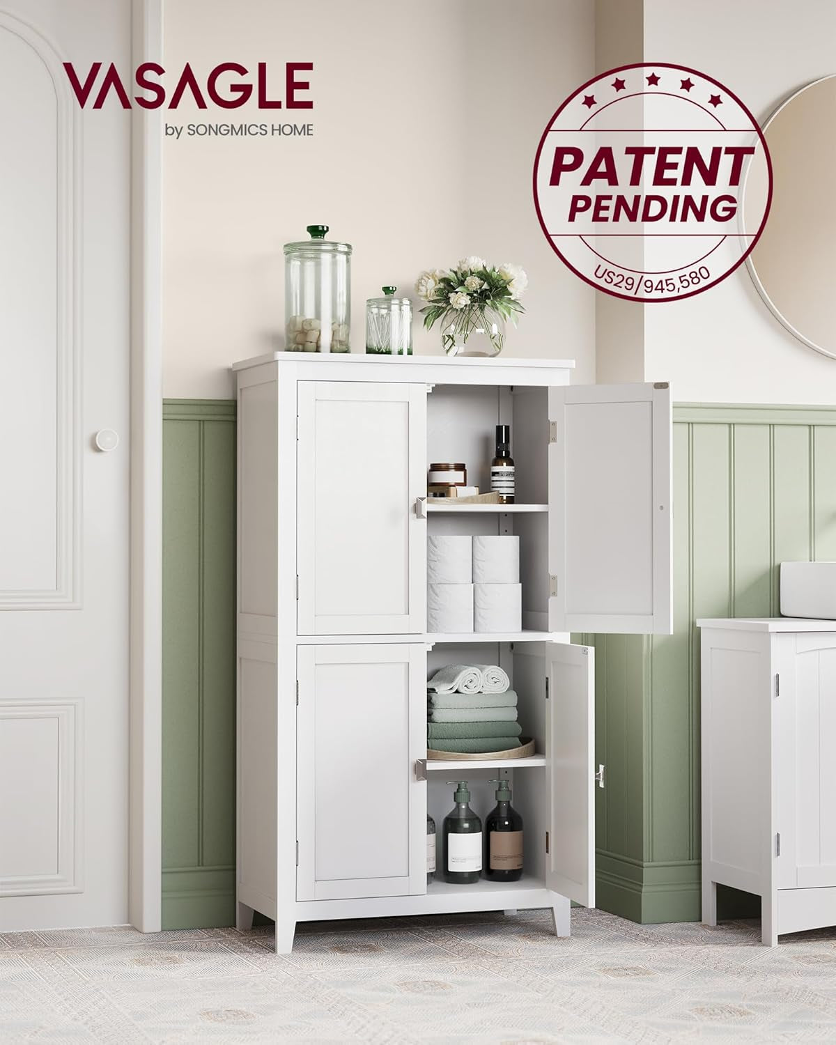 Floor Storage Cabinet, Freestanding Storage Unit with 4 Doors, Adjustable Shelves, 11.8 X 23.6 X 43.3 Inches, for Entryway, Bathroom, White UBBC552P31