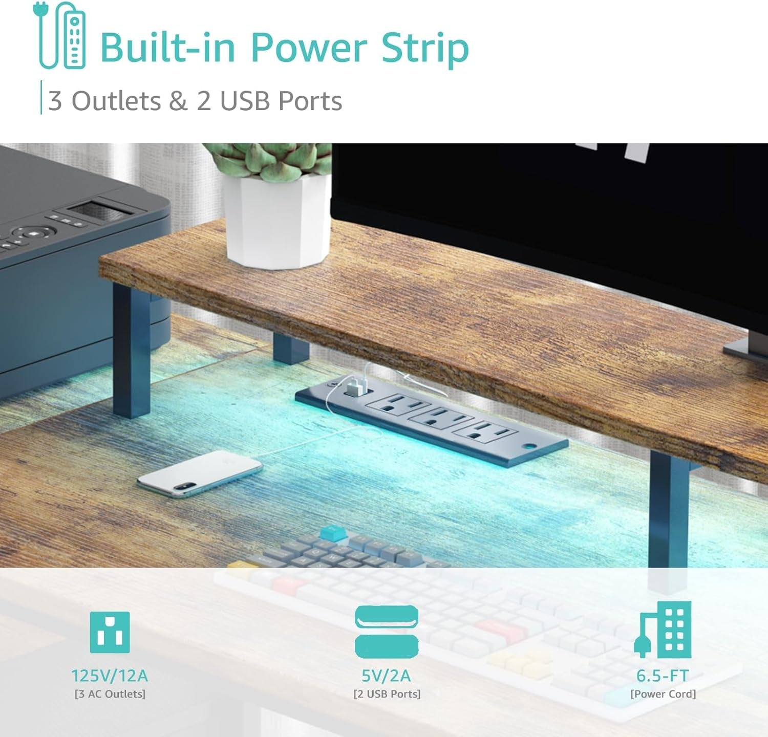 Gaming Desks with Led Lights and Power Outlets, 55 Inch Computer Desk with File Drawers Cabinet, Home Office Desk with Shelves Monitor Stand, Black