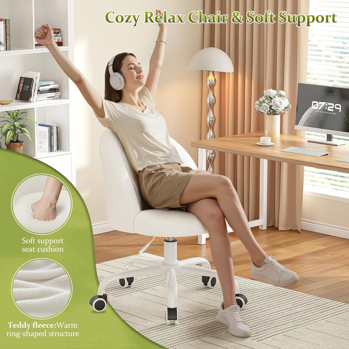 White Vanity Chair with Back, Cute Desk Chair with Wheels, Armless Office Chair Height Adjustable, Soft Lumbar Support for Small Space, Bedroom