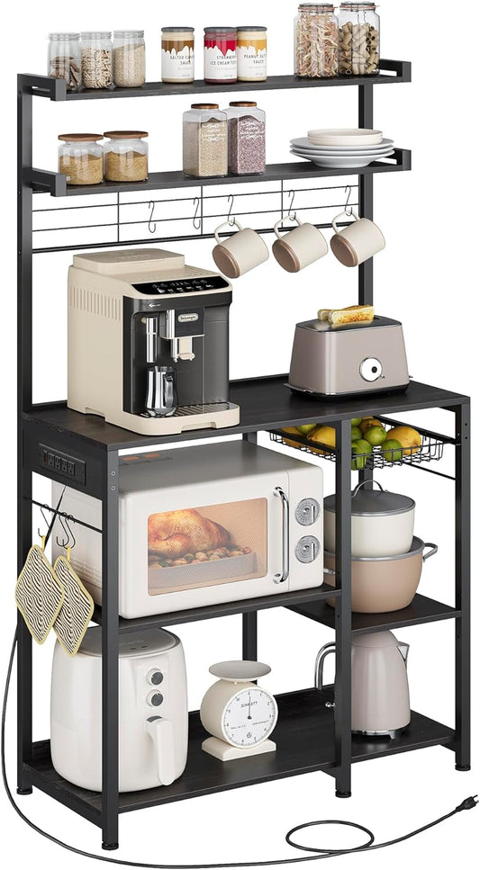 Bakers Rack with Power Outlet, 35.4 Inches Microwave Stand, Coffee Bar, 4 AC Outlets, with Adjustable Shelves, 8 S-Hooks, Basket, Spice Racks, Charcoal Gray and Ink Black UKKS031B22