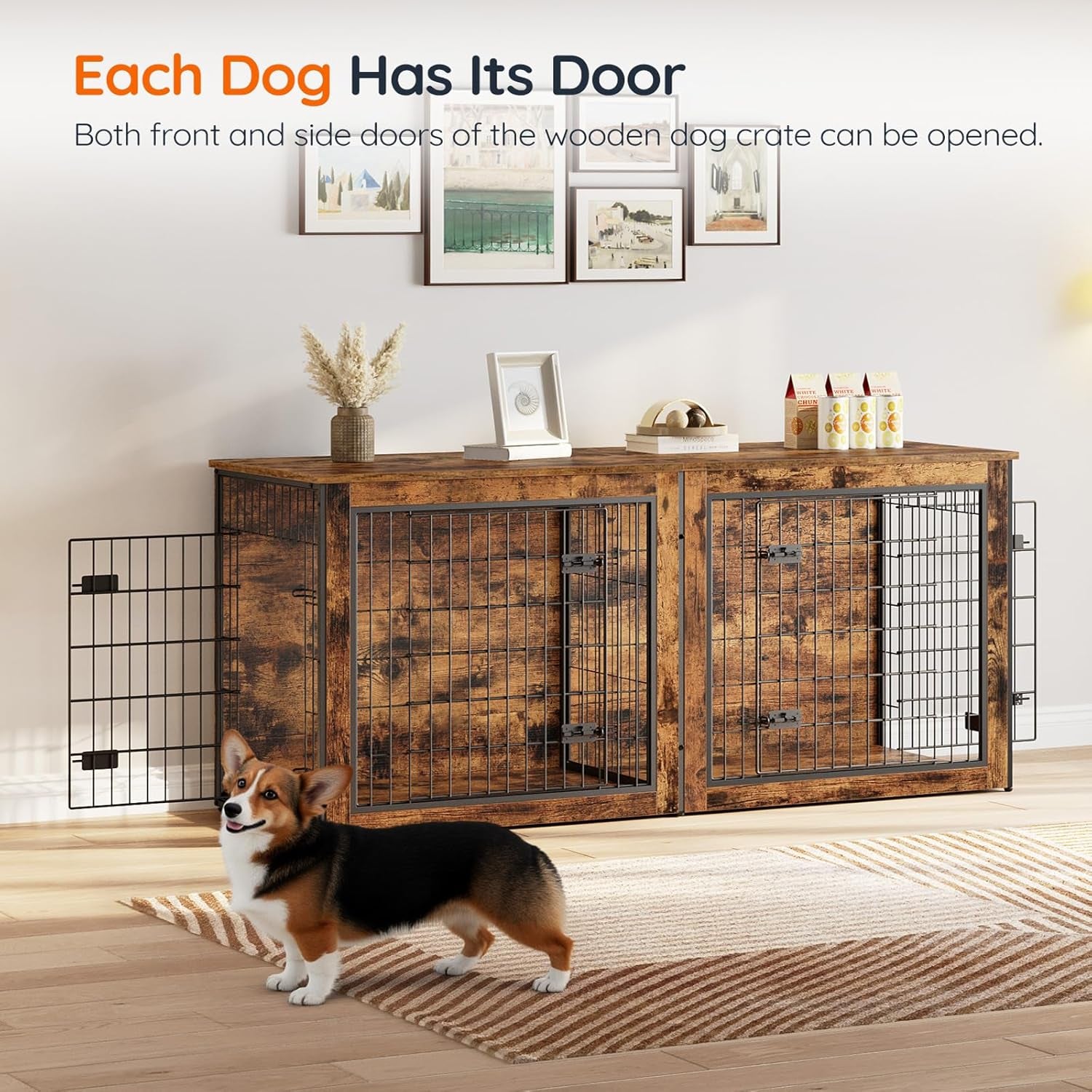 Dog Crate Furniture for 2 Dogs, 63" Large Double Dog Crate Furniture with Divider, Wooden Indoor Kennel TV Stand for Medium Large Dogs, Rustic Brown BF55GW03