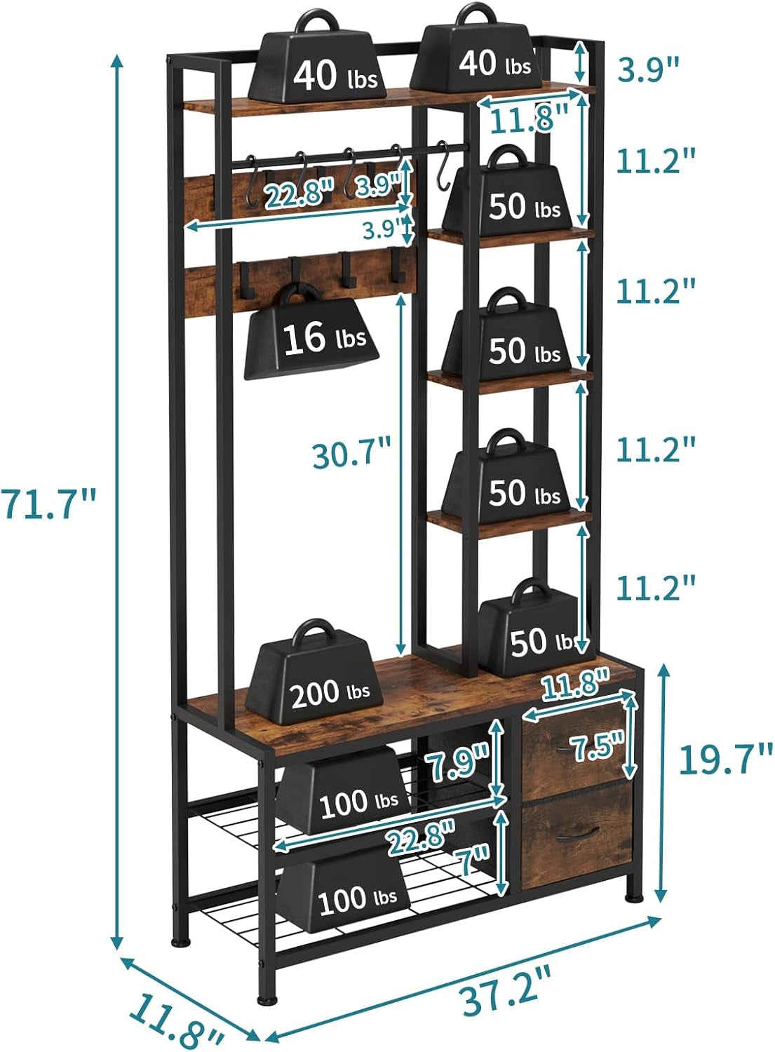 Hall Tree with Bench Storage and Shoes Storage, Hall Tree with Drawers and Shelves for Bedroom, 6-In-1 Entryway Organizer with Shelves, Living Room, Entryway, Closets (Rustic Brown)
