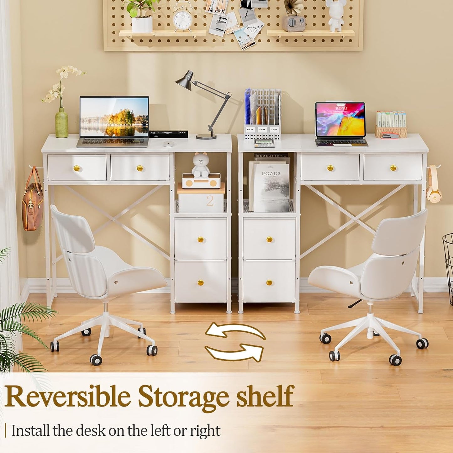 Small Computer Desk with 4 Fabric Drawers, Simple Writing Desk for Home Office, Compact Study Desks for Small Spaces, Kids Desk Study for Bedroom, White