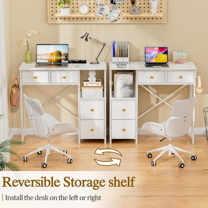Small Computer Desk with 4 Fabric Drawers, Simple Writing Desk for Home Office, Compact Study Desks for Small Spaces, Kids Desk Study for Bedroom, White