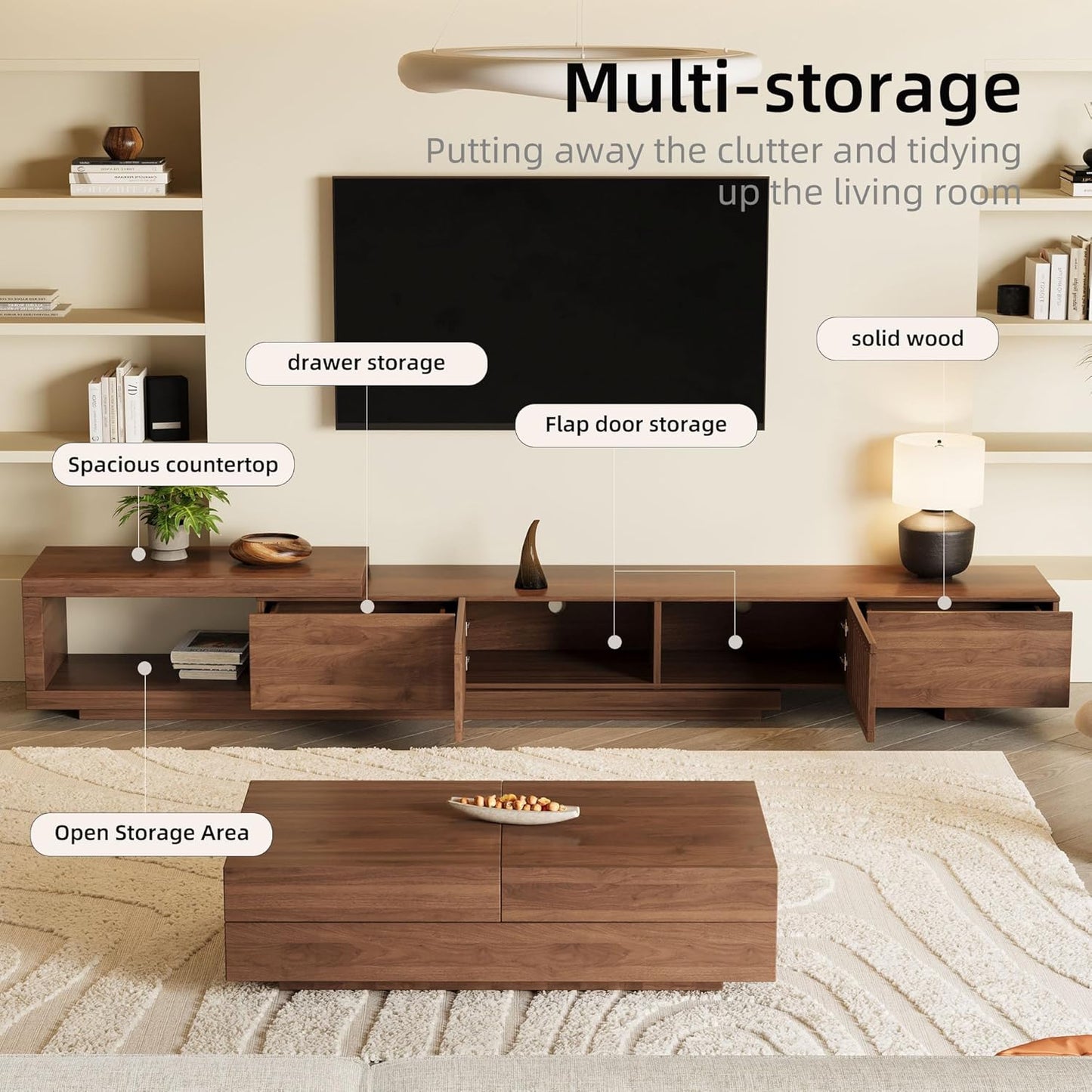 Mid-Century Modern Extendable 78.5"-105" TV Stand for Tvs up to 70"-100",Entertainment Centers with 2 Drawers and 2 Storage Units, for Living Room,Bedroom,Walnut