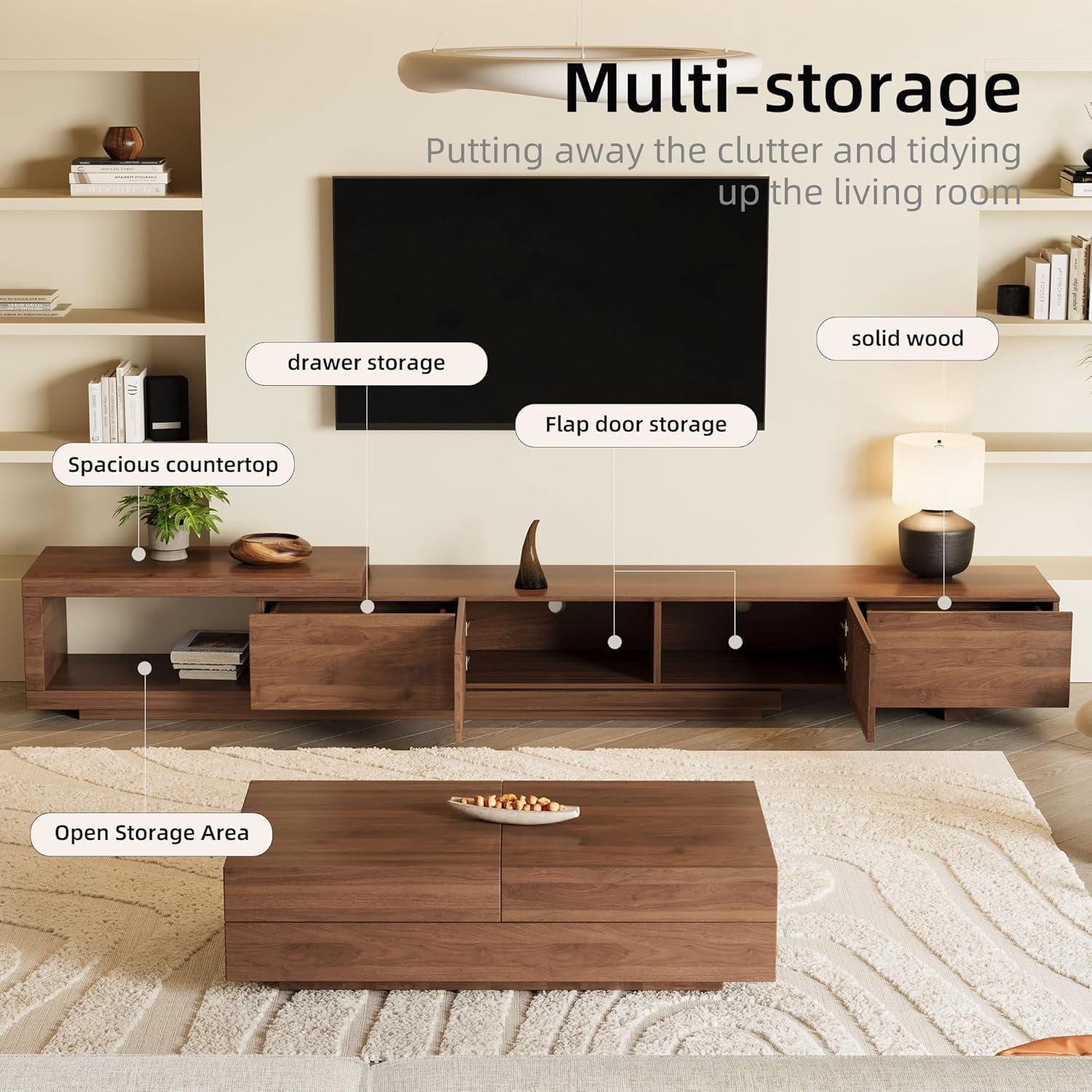 Mid-Century Modern Extendable 78.5"-105" TV Stand for Tvs up to 70"-100",Entertainment Centers with 2 Drawers and 2 Storage Units, for Living Room,Bedroom,Walnut