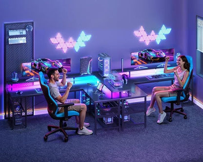 66" L Shaped Gaming Desk with Power Outlet and LED Lights, PC Gaming Table with Carbon Fiber Texture, Reversible L Shape Desk with Storage Shelves & Monitor Stand, Home Office Desk, Black