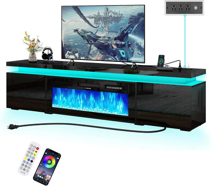 Fireplace TV Stand for 95" TV, 83" LED TV Stand with 40" Electric Fireplace & Power Outlet, High Gloss Surface, 2 Storage Cabinet, Modern Style (83 Inch, Black