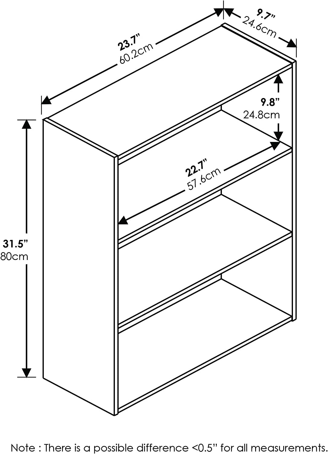 Pasir 3-Tier Open Shelf Bookcase, Plain White