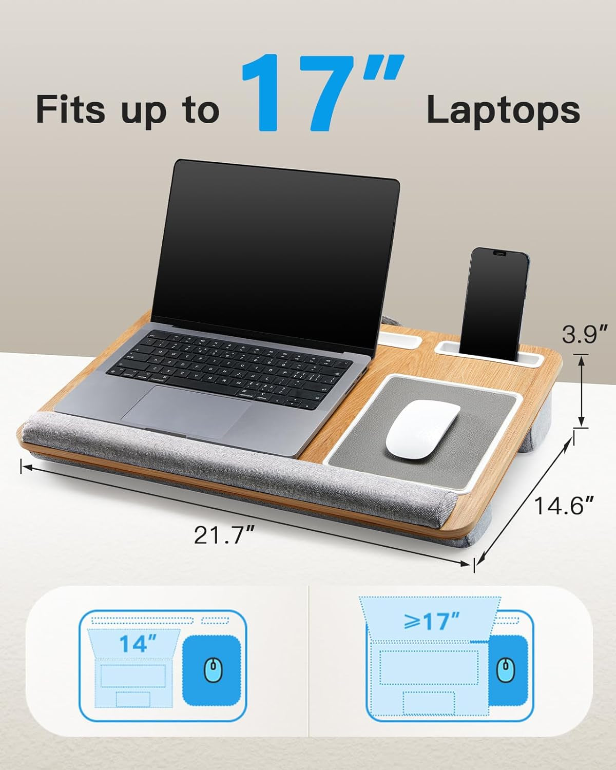 Lap Desk - Fits up to 17 Inches Laptop Desk, Built in Mouse Pad & Wrist Pad for Notebook, Laptop, Tablet, Lap Stand with Tablet, Pen & Phone Holder, Wood Grain